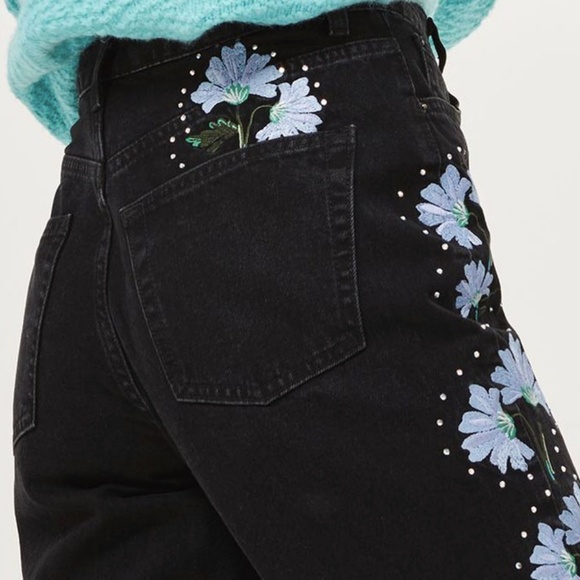 TopShop Embroidered Black High Waisted Mom Jeans - Picture 2 of 6